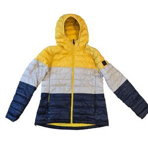 LOLE Emeline Packable Down Puffer Jacket Womens M colorblock Navy Yellow Gray